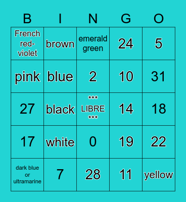 D.3 Numbers & Fancy Colors (French) Bingo Card
