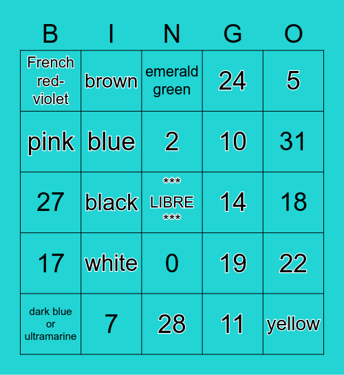 D.3 Numbers & Fancy Colors (French) Bingo Card