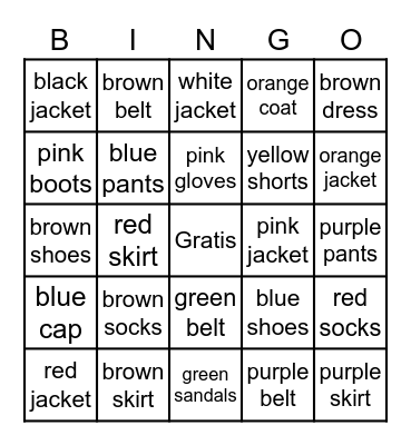 3rd Grade- Clothing and Colors Bingo Card