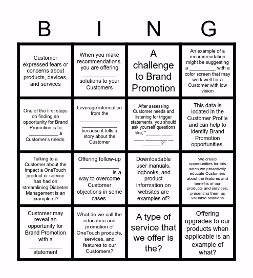 LIFESCAN BRAND PROMOTION BINGO Card