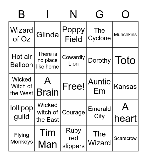 Wizard Of Oz Bingo Card