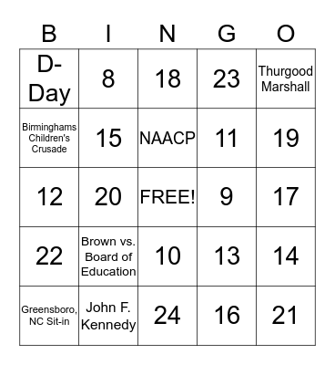 Civil Rights Movement Bingo Card