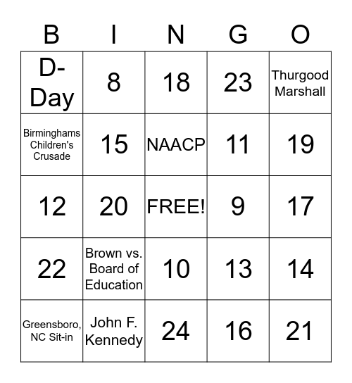 Civil Rights Movement Bingo Card