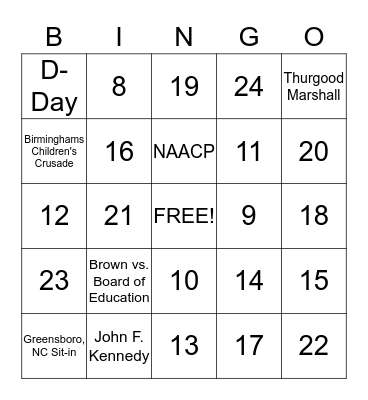 Civil Rights Movement Bingo Card