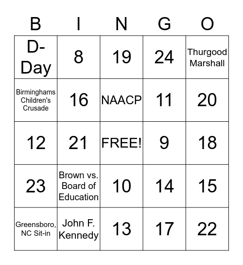 Civil Rights Movement Bingo Card