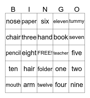 Spanish-English Bingo Card