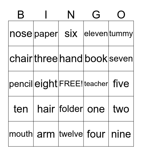 Spanish-English Bingo Card