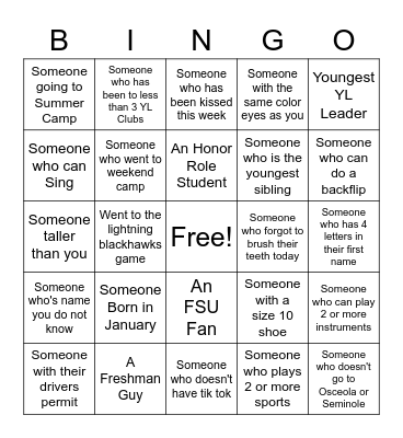 Young Life Bingo Card