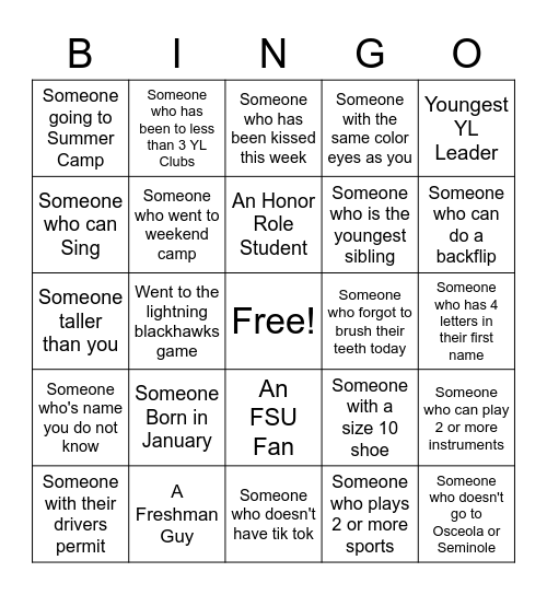 Young Life Bingo Card