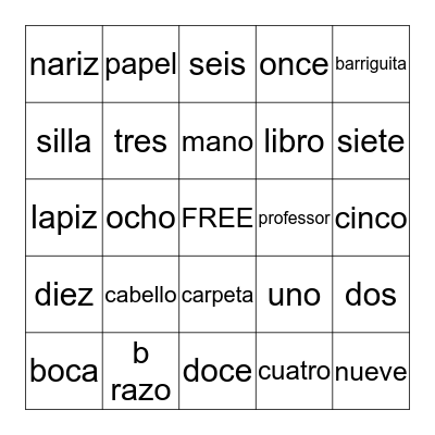 Spanish-English Bingo Card