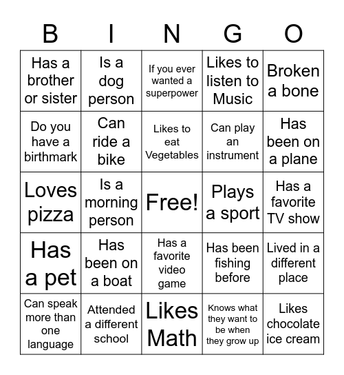 Interest BINGO Card