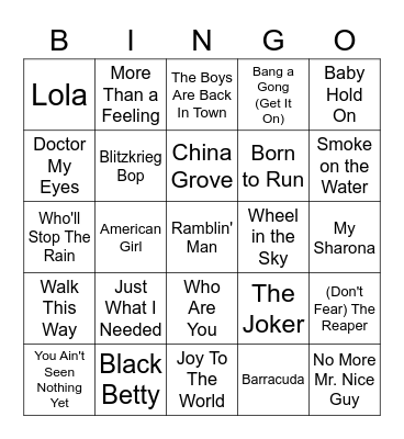 70's Rock Anthems Bingo Card