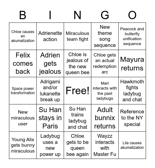 Miraculous Season 4 Bingo Card