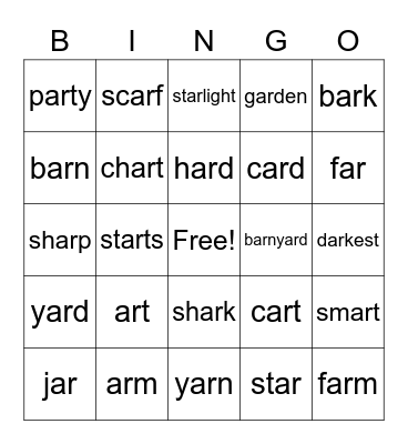 1st Grade /ar/ Bingo Card