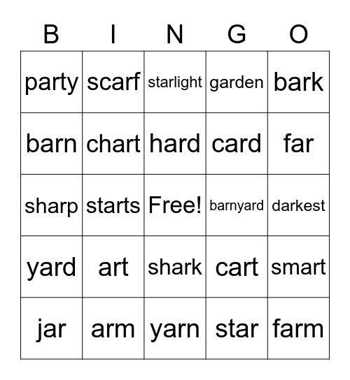 1st Grade /ar/ Bingo Card