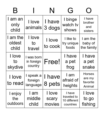 All About Us Bingo Card