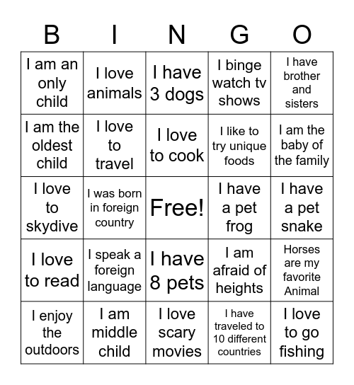 All About Us Bingo Card