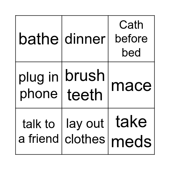 Evening Activities Bingo Card