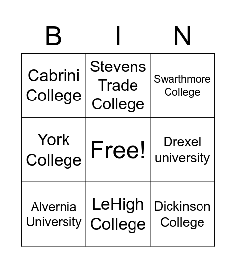 PA Colleges Bingo Card