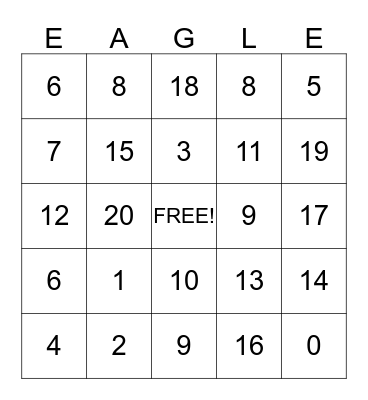 Eagle Time Numbers 0-20 Bingo Card