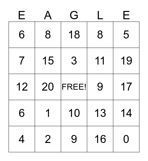 Eagle Time Numbers 0-20 Bingo Card