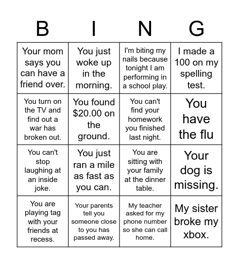 Zones of Regulation Bingo Card