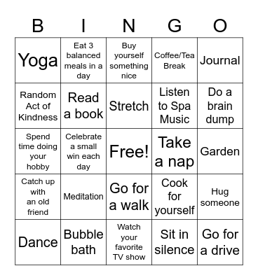 Self Care Bingo Card