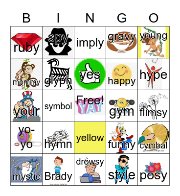 Y as a vowel "chameleon y" Bingo Card