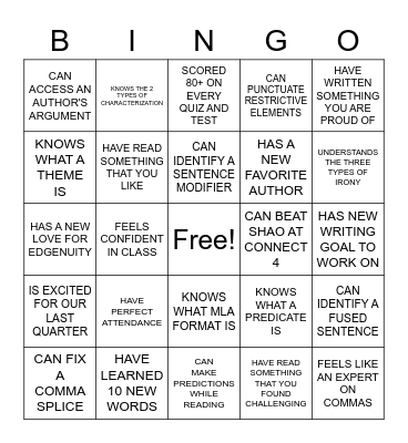 ENGLISH CLASS BINGO Card