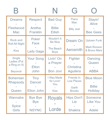 RGG Bop Bingo - Name that Tune Bingo Card