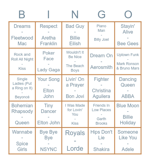 RGG Bop Bingo - Name that Tune Bingo Card