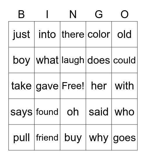 Sight Word Bingo Card