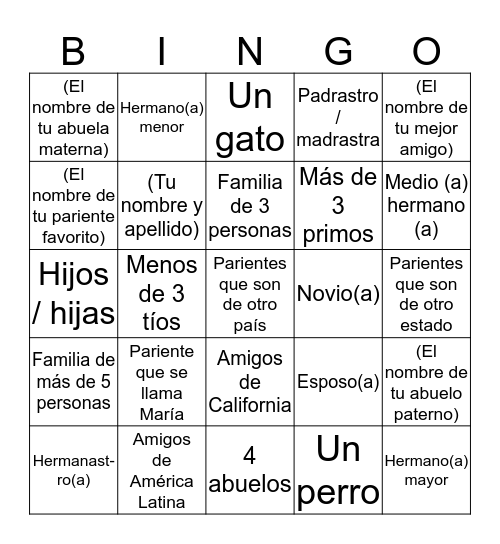 La familia: ¿Tienes ...? Bingo Card