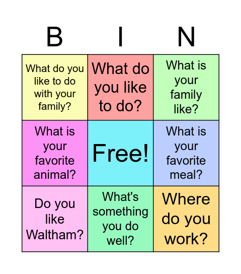 Get To Know Each Other Bingo Card