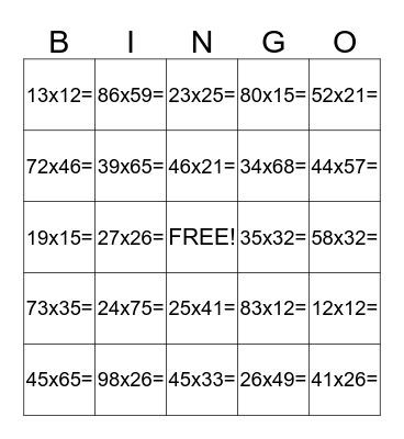 Double Digit Multiplication Bingo Card