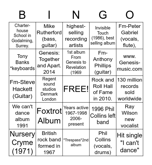 GENESIS Bingo Card