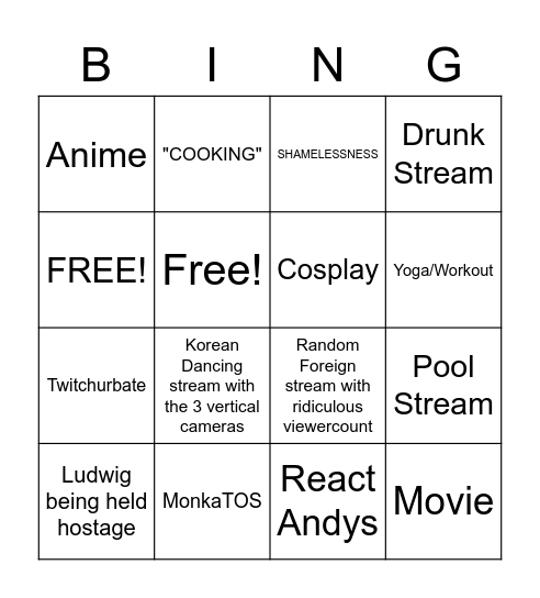 Twitch Just chatting bingo Card