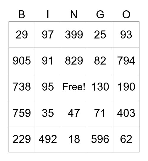 Number Review Bingo Card