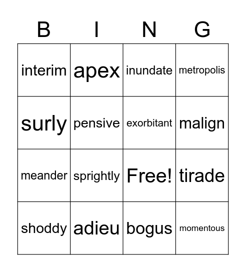 Unit 7 Vocab Bingo Card