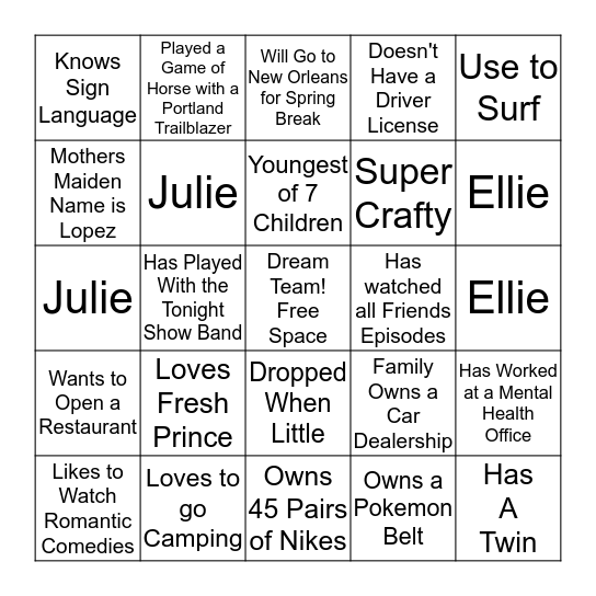 Fun Facts Bingo Card