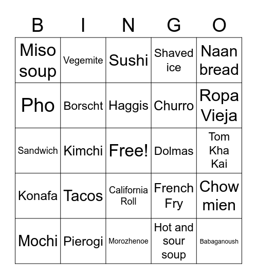 Multicultural Virtual Food Festival Bingo Card