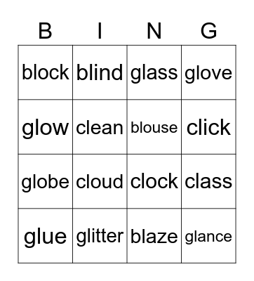cl, bl and gl words Bingo Card