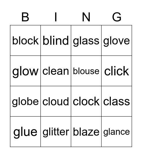 cl, bl and gl words Bingo Card