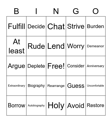 ESL Vocabulary Bingo Card