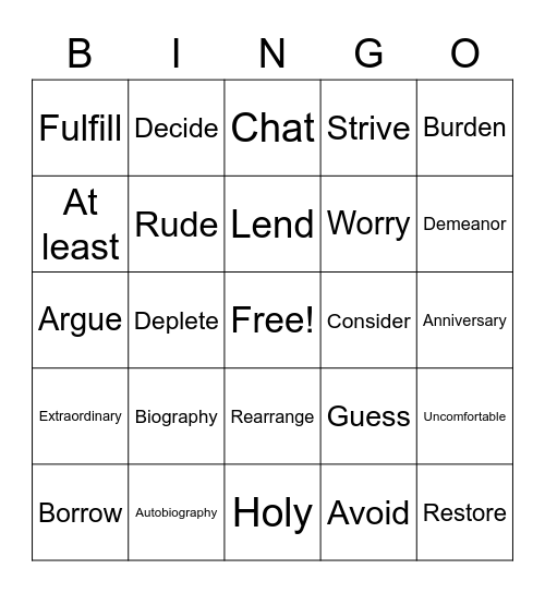 ESL Vocabulary Bingo Card