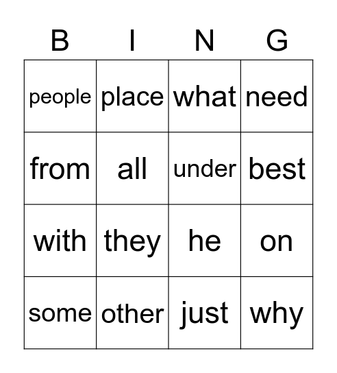 QRI Word List Bingo Card