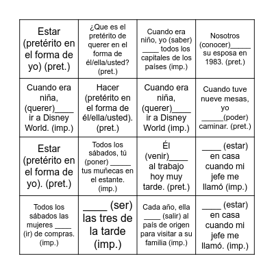 Pretérito y Imperfecto Bingo Card