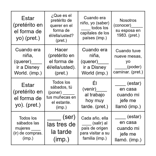 Pretérito y Imperfecto Bingo Card