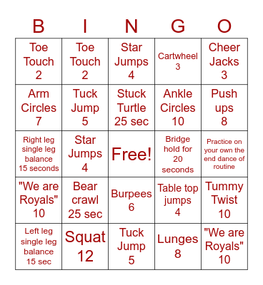 Cheer Moves Bingo Card