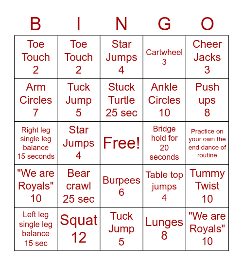 Cheer Moves Bingo Card